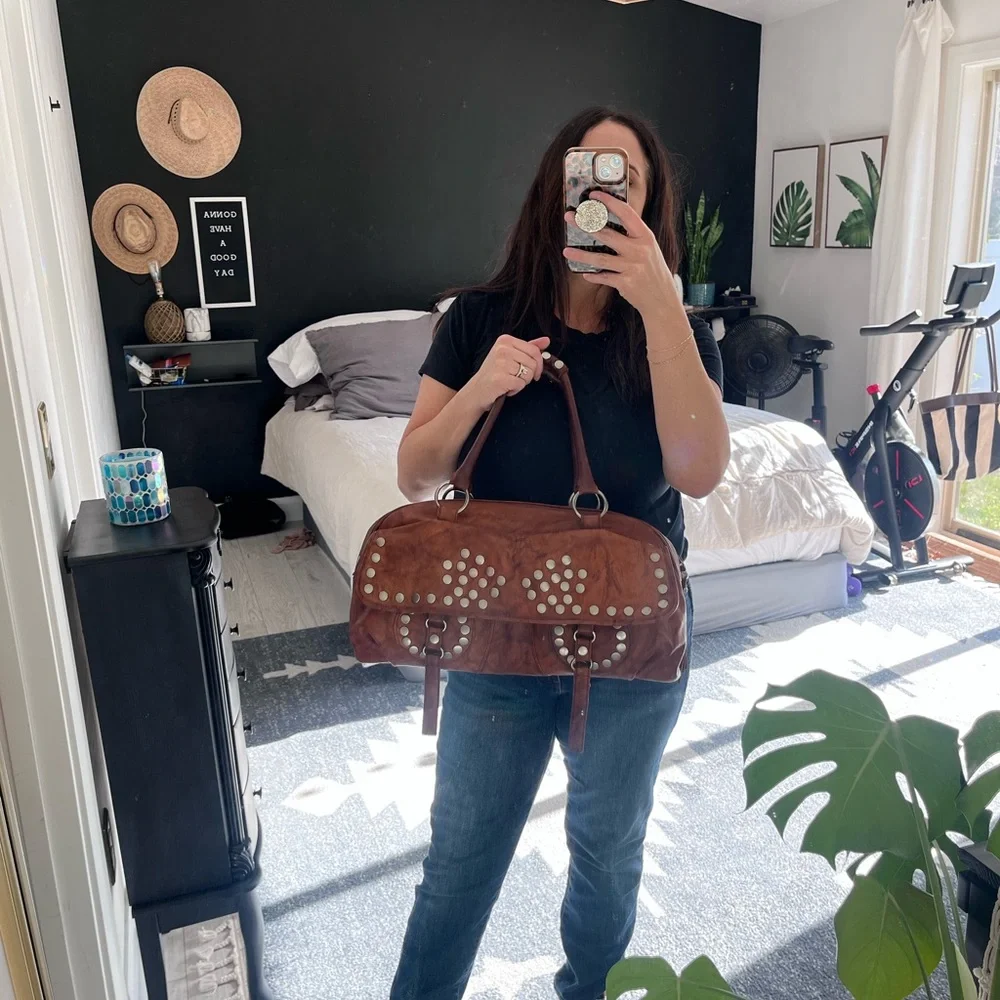 Vintage Steve Madden Studded Leather Shoulder Bag in Distressed Brown - Picture 2 of 11